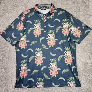 Yatta Golf Polo Shirt Mens XL Blue Flamingo Floral Tropical Print Performance